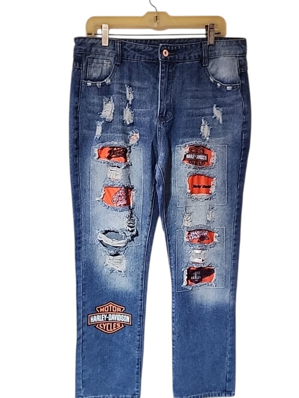 Distressed Patchwork Denim Jeans Motorcycle Biker Y2K Streetwear Straight Leg XL - Picture 3 of 6